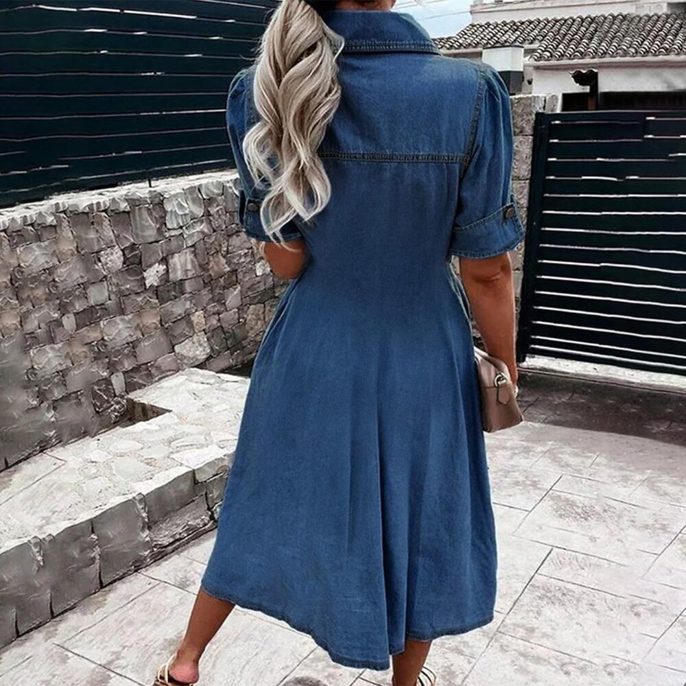 Women Denim Shirt Dress V Neck Short Sleeve A-Line Pockets Casual Blue - Picture 2 of 7